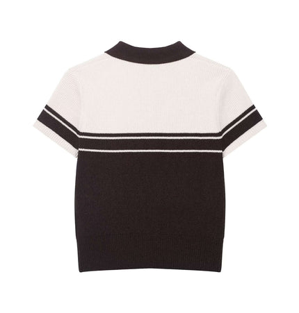 Ribbed Stripe Knit Polo Shirt – Loose Fit showcasing back view with ribbed texture and contrasting colors.