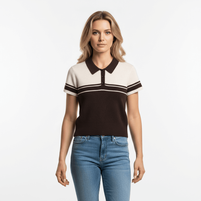 Ribbed Stripe Knit Polo Shirt – Loose Fit model wearing a stylish ribbed texture top paired with jeans.