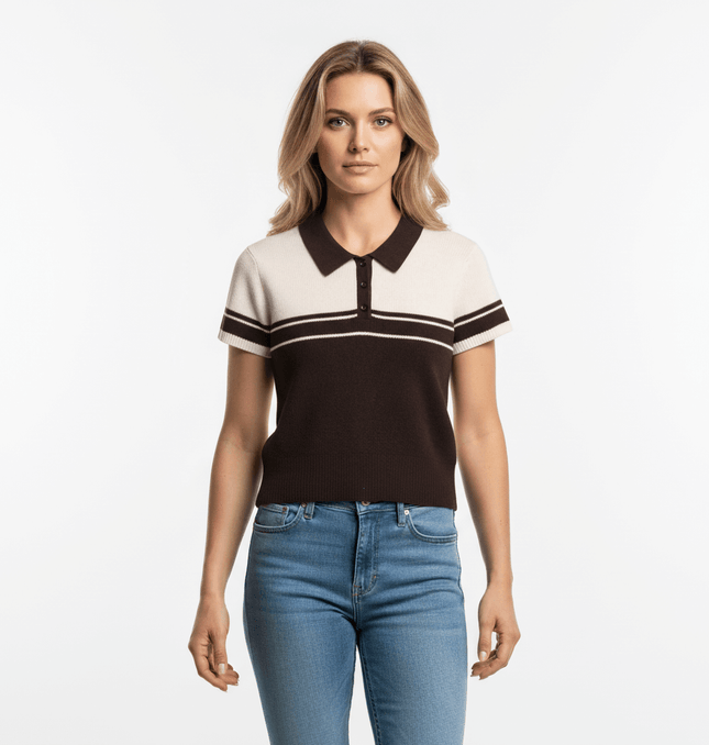 Ribbed Stripe Knit Polo Shirt – Loose Fit model wearing a stylish ribbed texture top paired with jeans.