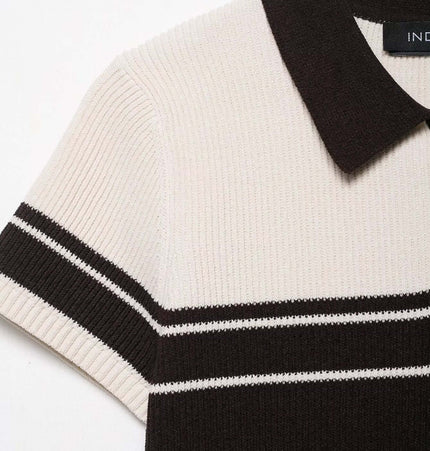 Ribbed Stripe Knit Polo Shirt – Loose Fit showcasing ribbed texture and stylish collar in white and black color.