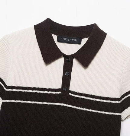 Ribbed Stripe Knit Polo Shirt – Loose Fit with a stylish ribbed texture and classic collar design.