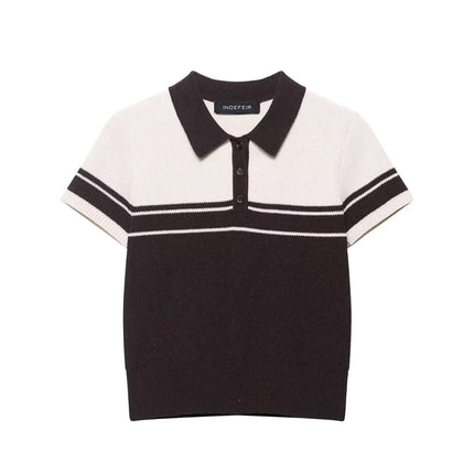 Ribbed Stripe Knit Polo Shirt – Loose Fit in black and white with a classic crew neckline and short sleeves.