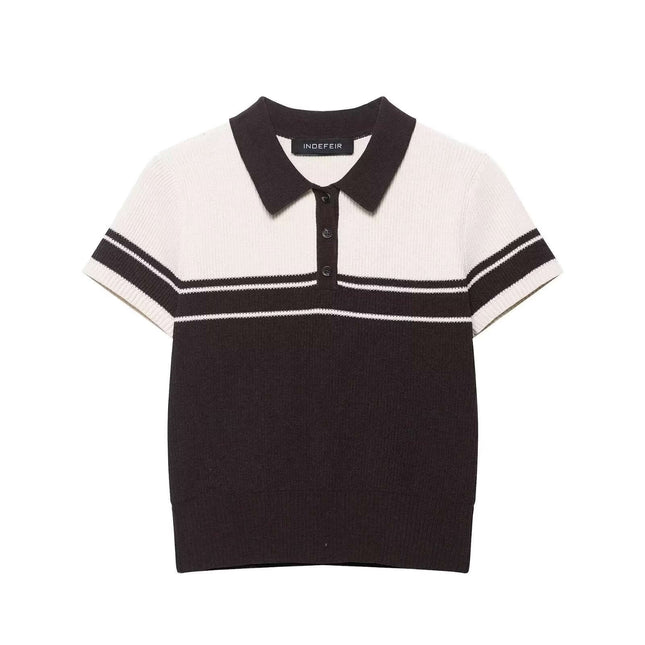 Ribbed Stripe Knit Polo Shirt – Loose Fit in black and white with a classic crew neckline and short sleeves.