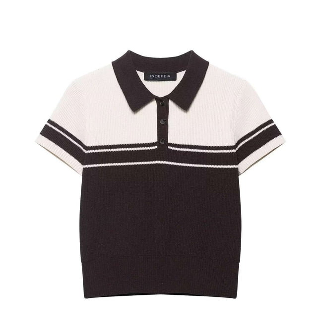 Ribbed Stripe Knit Polo Shirt – Loose Fit in black and white with a classic crew neckline and short sleeves.