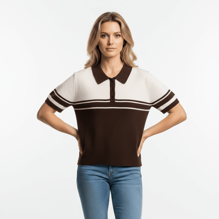 Ribbed Stripe Knit Polo Shirt – Loose Fit worn by a woman, showcasing a modern design with a relaxed fit and ribbed texture.