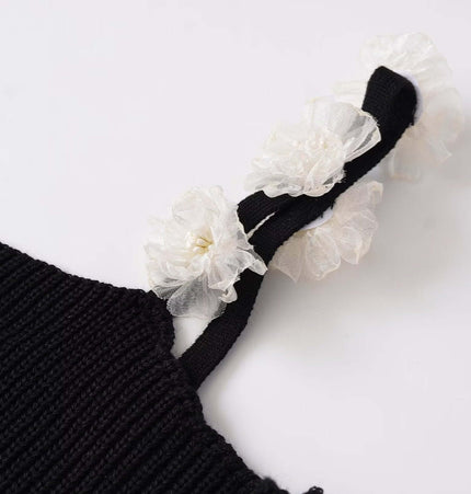 Round Neck Flower Knit Top – Sleeveless with floral detail on straps.
