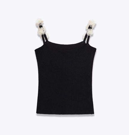 Round Neck Flower Knit Top – Sleeveless, black sleeveless top with flower details, perfect for casual outings.