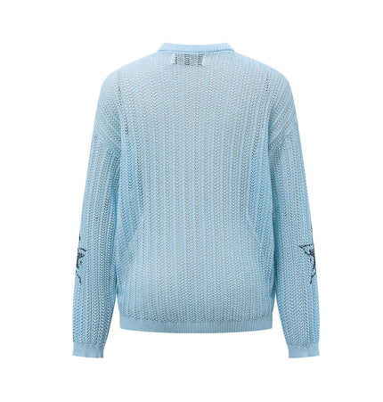 Back view of a Round Neck Jacquard Knit Sweater in light blue, showcasing loose-fit and breathable knit design.