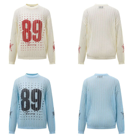 Round Neck Jacquard Knit Sweater in cream and blue styles, featuring sporty number graphics and breathable knit texture.