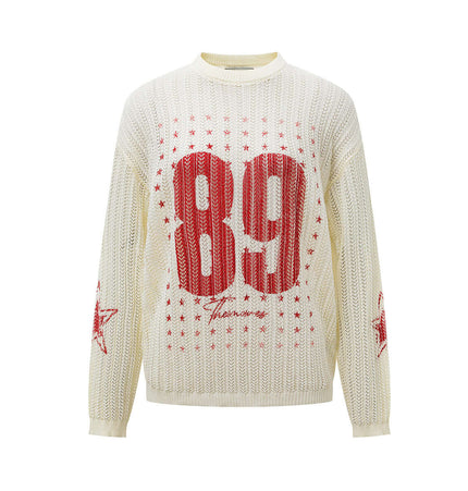 Round Neck Jacquard Knit Sweater featuring a playful 89 graphic with red stars on a cream background.