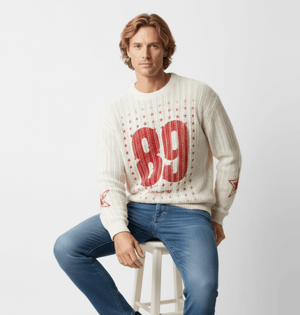 Round Neck Jacquard Knit Sweater featuring a cozy design with a red 89 graphic, perfect for casual styling.