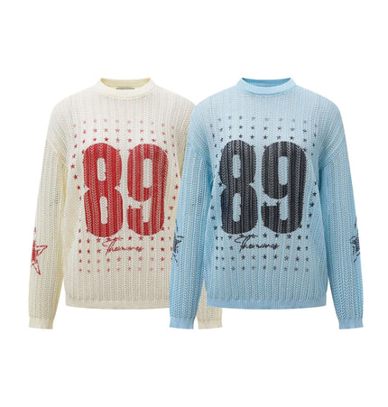 Round Neck Jacquard Knit Sweater in cream and blue color options featuring sporty 89 graphic design.