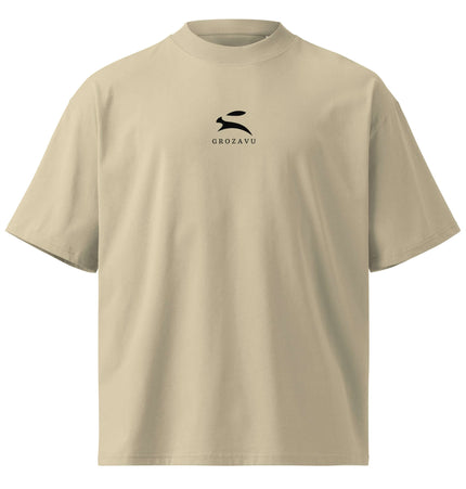 SATU020 High Neck Tee in beige with Grozavu logo, oversized fit and modern design made from 100% organic cotton.