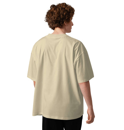 Back view of the SATU020 High Neck Tee in beige, showcasing its oversized fit and relaxed silhouette.