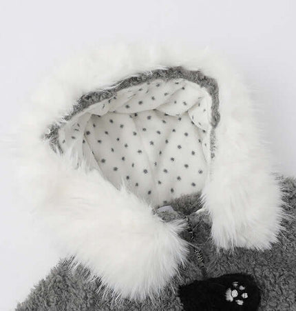 Shearling Collar Cotton Winter Coat hood with soft shearling lining and cute cartoon pattern.