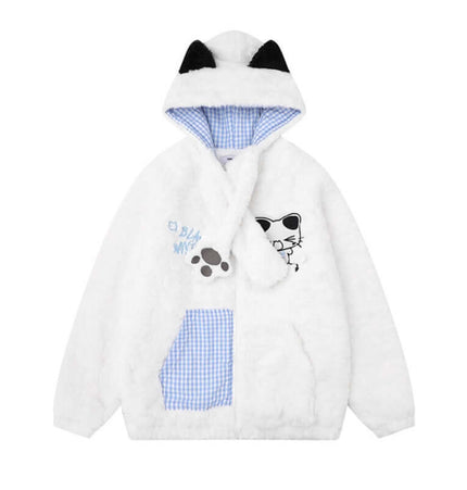 Sherpa Cotton Winter Jacket - Loose Fit, cozy white hooded jacket with cartoon graphics and soft fabric.