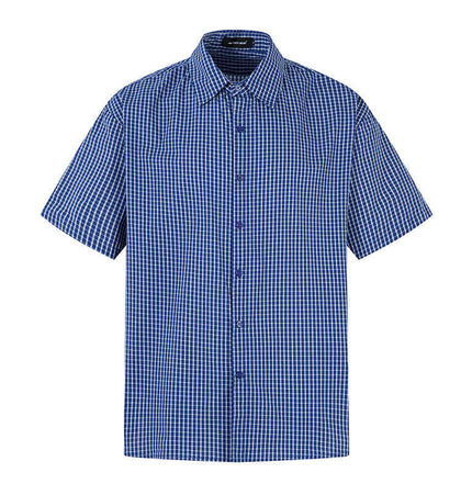 Short Sleeve Plaid Shirt in blue and white check pattern with short sleeves and button-up design.