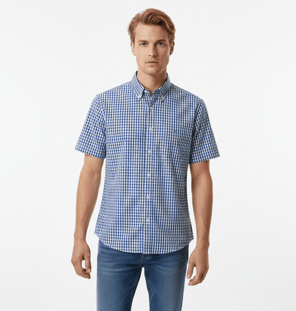 Short Sleeve Plaid Shirt in blue and white checked pattern for a relaxed summer look.