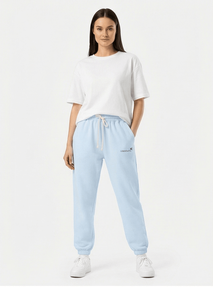 Model wearing relaxed heavyweight sweatpants by Grozavu