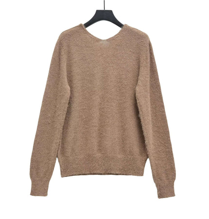 Loose Knit VNeck Top in camel color, showcasing a relaxed fit and long sleeves.