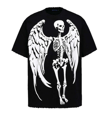 Skull Demon Printed TShirt – Loose Fit featuring a skeleton with wings on a black background.