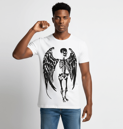 Skull Demon Printed TShirt – Loose Fit worn by a male model with a striking skeleton design and wings.