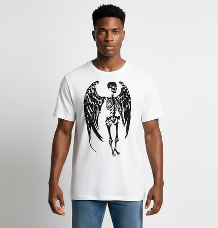 Skull Demon Printed TShirt – Loose Fit showcasing a skeleton with wings, perfect for bold streetwear.
