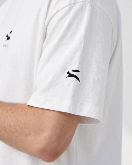 Sleeve embroidery detail on the white 200 g/m² wide collar tee