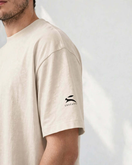 Sleeve embroidery detail on the Vintage White Icons Box Tee