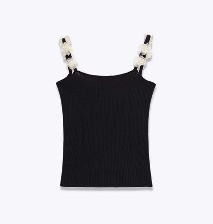Round Neck Flower Knit Top – Sleeveless in black with floral strap details.