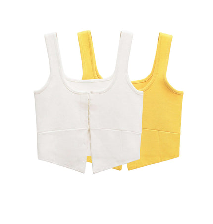 Slim Fit Knitted Short Tank Top in white and yellow fabric, showcasing a stylish and minimalist design.