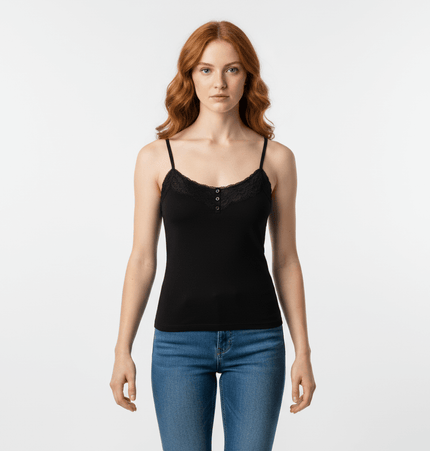 Lace Strap Button Tank Top - Slim Fit in black with lace shoulder straps and button detail, perfect for urban elegance.