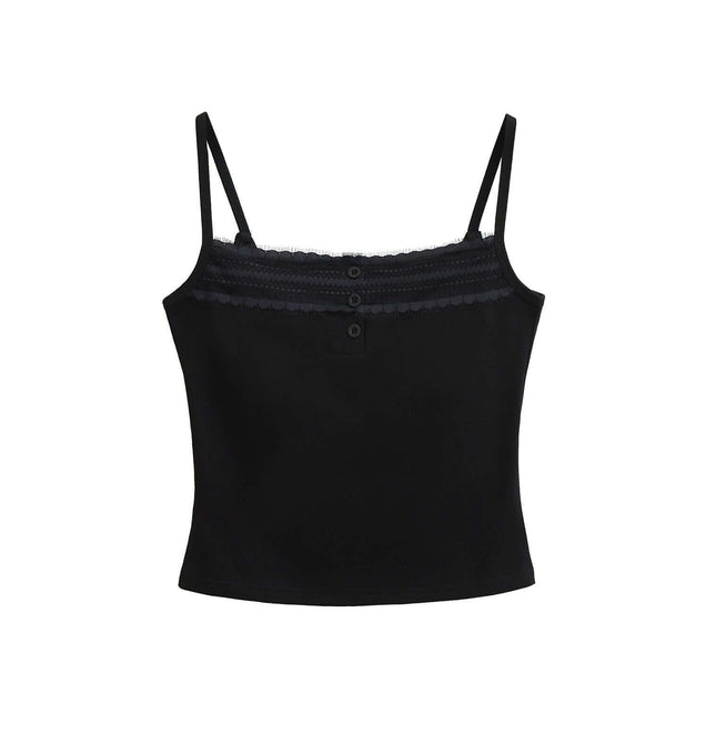 Lace Strap Button Tank Top - Slim Fit in black with delicate lace straps and front button detail.