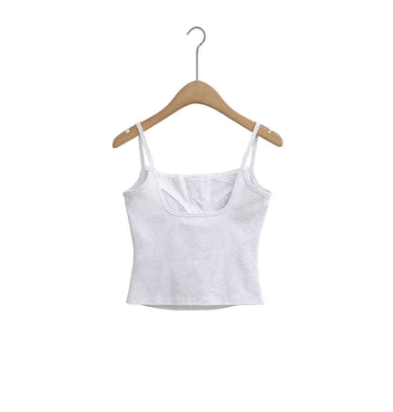Lace Strap Button Tank Top - Slim Fit displayed on a wooden hanger, showcasing the delicate lace straps and fitted design.