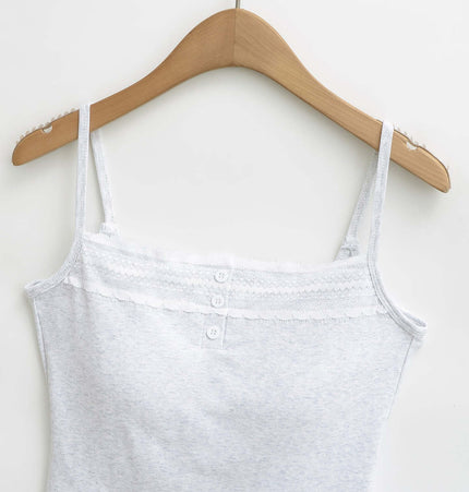 Lace Strap Button Tank Top - Slim Fit displayed on a wooden hanger, featuring lace straps and button detail.