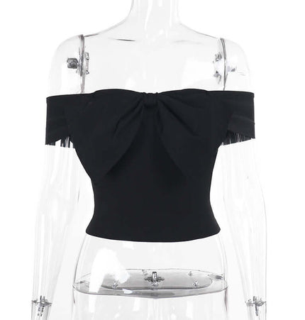 Slim Fit One-Shoulder Bow Top featuring a stylish bow accent and elegant silhouette.