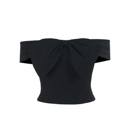 Slim Fit One-Shoulder Bow Top in black with a stylish bow accent and off-shoulder design.