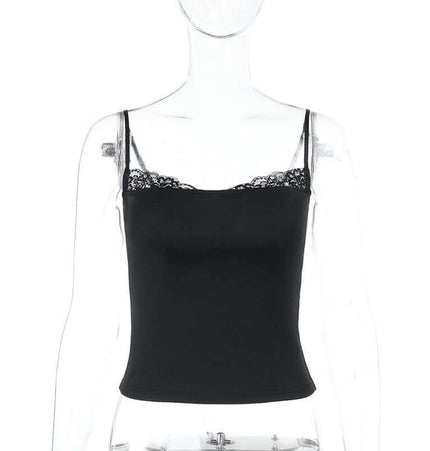 Patchwork Lace Camisole Top – Slim Fit on a mannequin, featuring delicate lace detailing and a sleek silhouette.