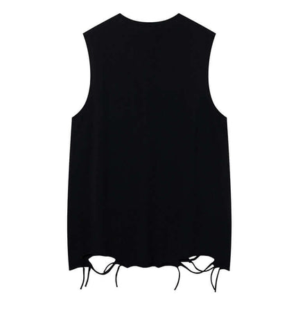 Back view of Smiley Graffiti Print Sleeveless Tank Top featuring slashed hole detailing and relaxed fit.