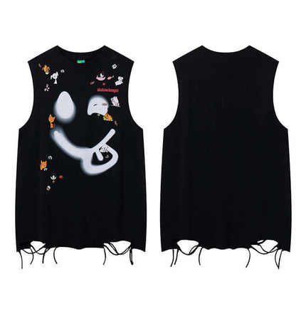 Smiley Graffiti Print Sleeveless Tank Top with graffiti graphics and slashed detailing for urban summer fashion.