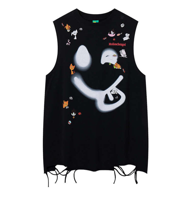 Smiley Graffiti Print Sleeveless Tank Top featuring bold graffiti design and slashed hole detailing on a black background.