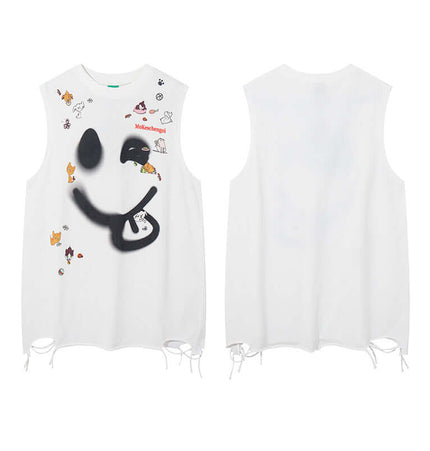 Smiley Graffiti Print Sleeveless Tank Top featuring a vibrant graffiti design and playful smiley prints.