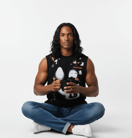 Smiley Graffiti Print Sleeveless Tank Top worn by a model sitting cross-legged, holding a black mug.