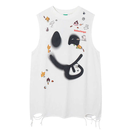 Smiley Graffiti Print Sleeveless Tank Top featuring bold street energy and slashed hole detailing for urban style.
