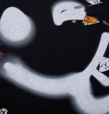 Smiley Graffiti Print Sleeveless Tank Top featuring playful animal illustrations and vibrant colors on a black background.