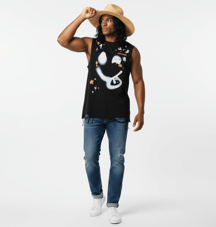 A model wearing a Smiley Graffiti Print Sleeveless Tank Top, styled with a straw hat and blue jeans.