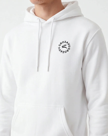 Front view of the Maison Grozavu Archival Ecru Hoodie in hoodie — showing the effortless drape.