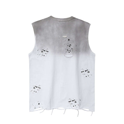 Back view of Splatter Ink Tank Top – Loose Fit featuring paint splatter design and distressed details.