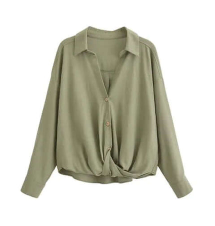 Spliced Green Shirt – Loose Fit, stylish long-sleeve blouse with a knot detail in solid green color.