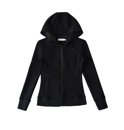 Splicing Zipper Velvet Hoodie Jacket in black, featuring a sporty design and long sleeves for stylish casual wear.